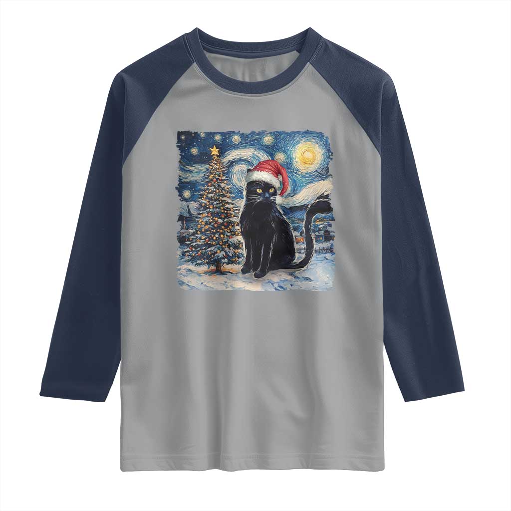 Christmas Black Cat Raglan Shirt Meowy Catmas Starry Night Santa Cat TS09 Sport Gray Navy Print Your Wear