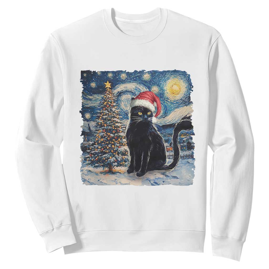 Christmas Black Cat Sweatshirt Meowy Catmas Starry Night Santa Cat TS09 White Print Your Wear