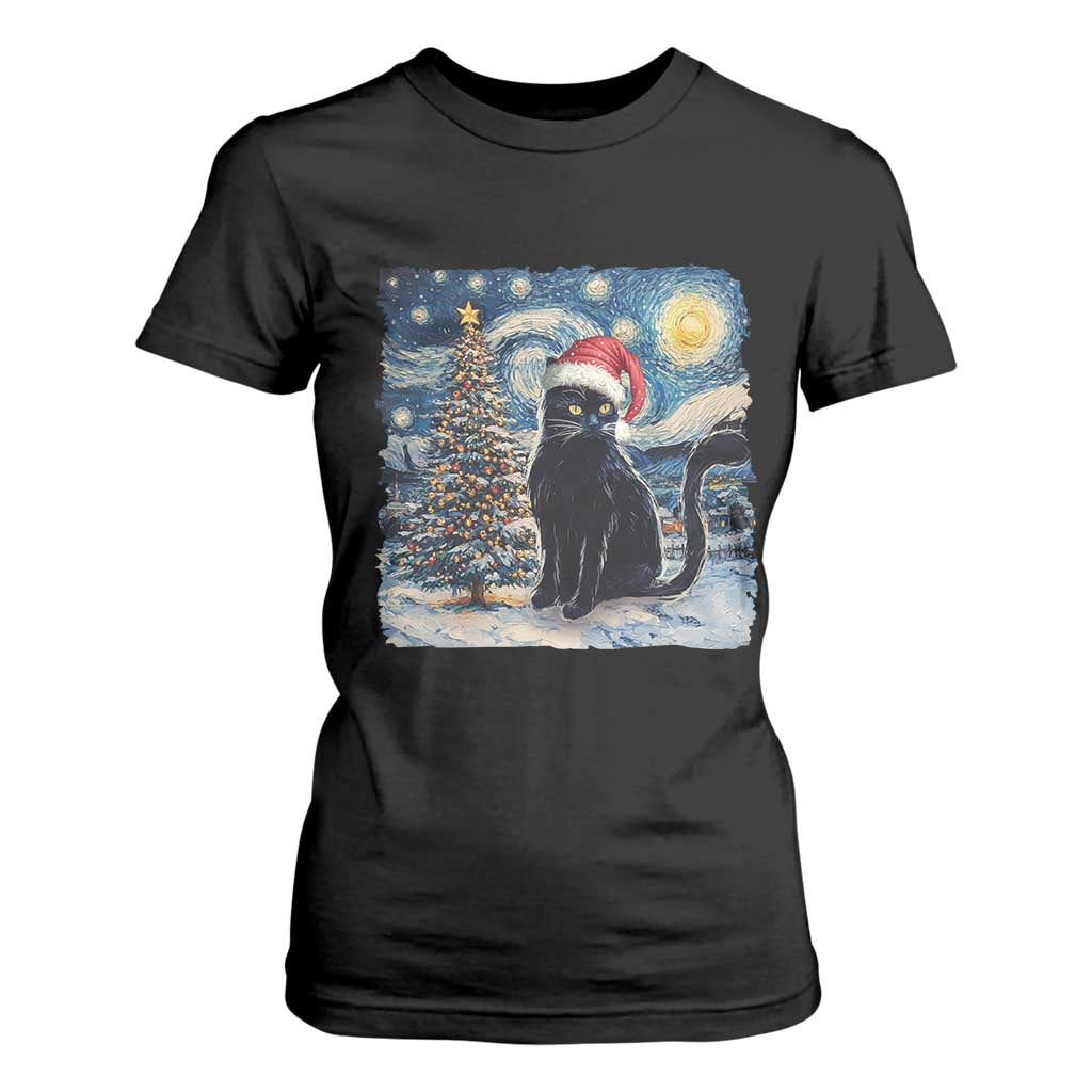 Christmas Black Cat T Shirt For Women Meowy Catmas Starry Night Santa Cat TS09 Black Print Your Wear
