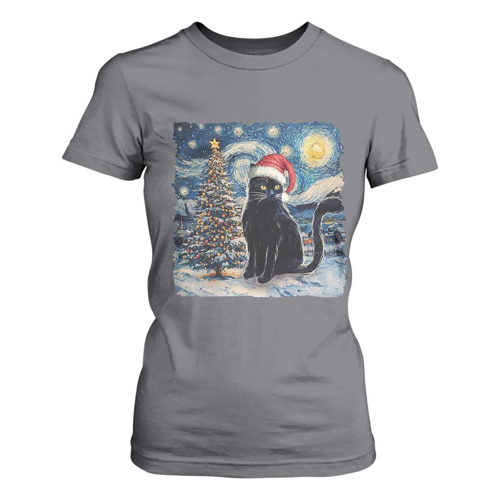 Christmas Black Cat T Shirt For Women Meowy Catmas Starry Night Santa Cat TS09 Charcoal Print Your Wear