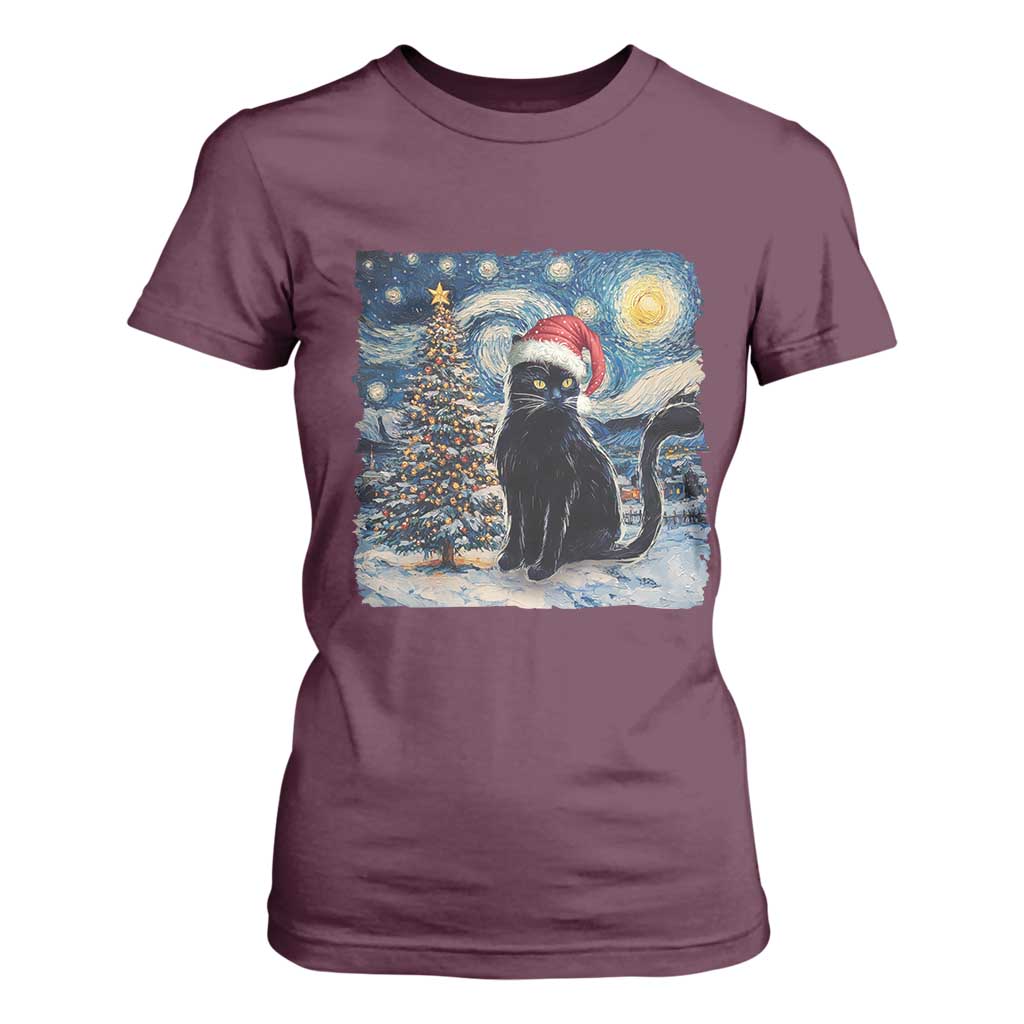 Christmas Black Cat T Shirt For Women Meowy Catmas Starry Night Santa Cat TS09 Maroon Print Your Wear