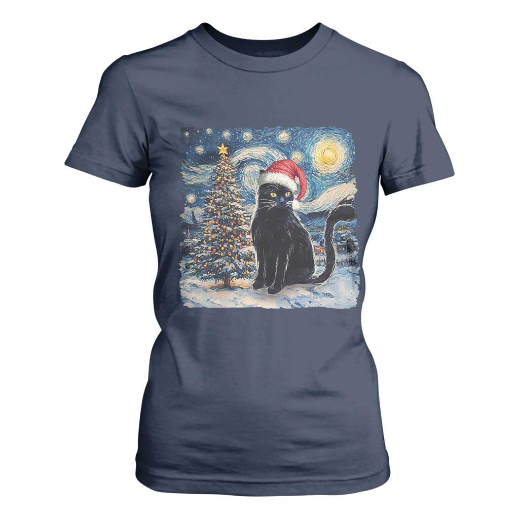 Christmas Black Cat T Shirt For Women Meowy Catmas Starry Night Santa Cat TS09 Navy Print Your Wear