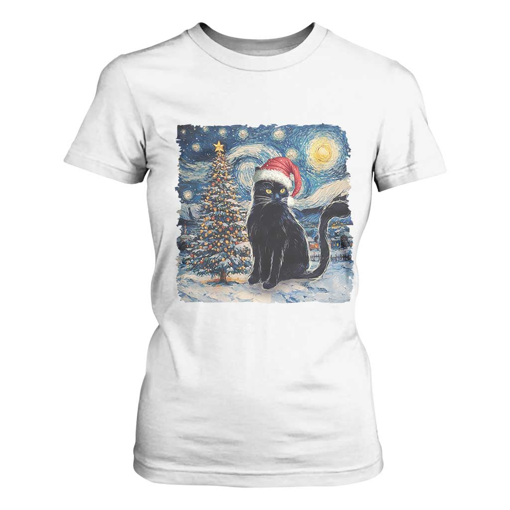 Christmas Black Cat T Shirt For Women Meowy Catmas Starry Night Santa Cat TS09 White Print Your Wear