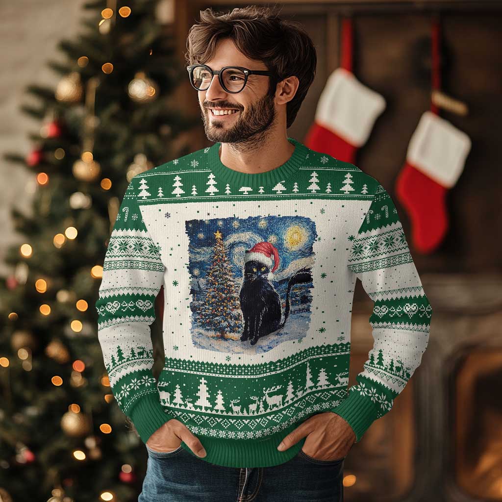 Xmas Black Cat Ugly Christmas Sweater Meowy Catmas Starry Night Santa Cat TS09 Green Print Your Wear