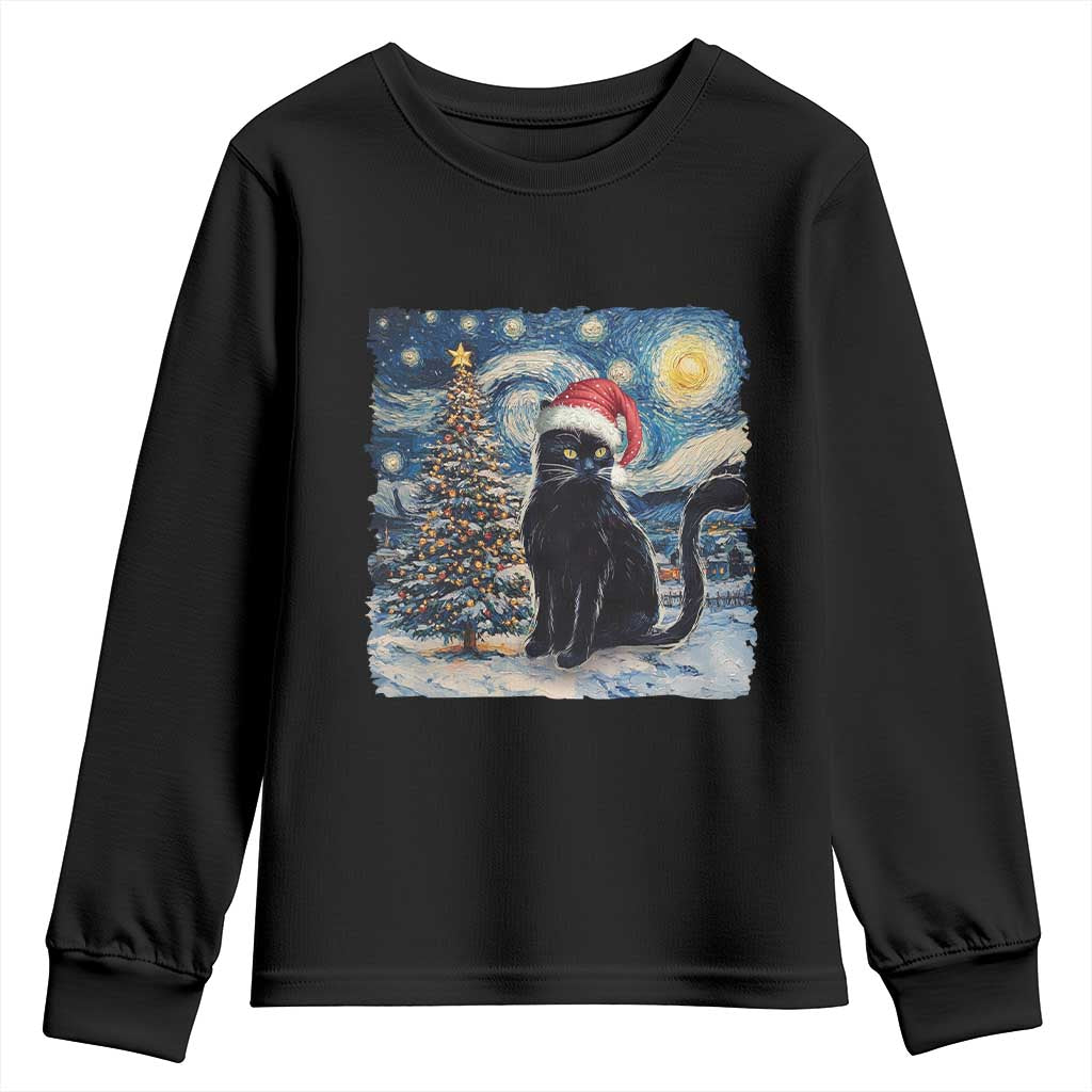 Christmas Black Cat Youth Sweatshirt Meowy Catmas Starry Night Santa Cat TS09 Black Print Your Wear