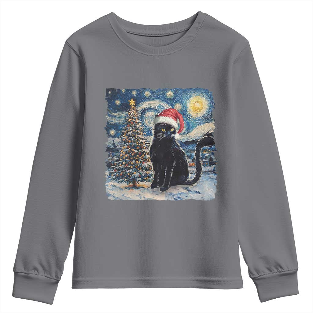 Christmas Black Cat Youth Sweatshirt Meowy Catmas Starry Night Santa Cat TS09 Charcoal Print Your Wear