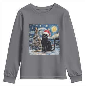 Christmas Black Cat Youth Sweatshirt Meowy Catmas Starry Night Santa Cat TS09 Charcoal Print Your Wear