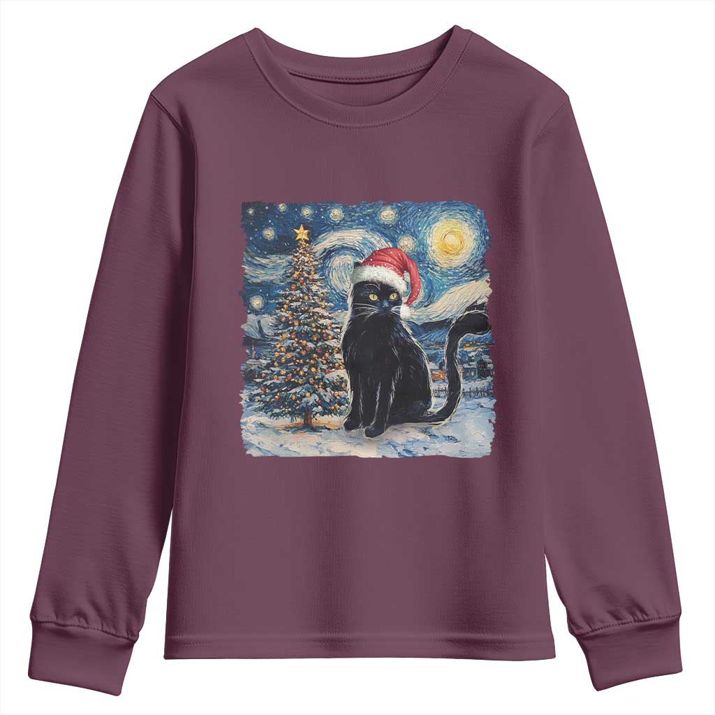 Christmas Black Cat Youth Sweatshirt Meowy Catmas Starry Night Santa Cat TS09 Maroon Print Your Wear