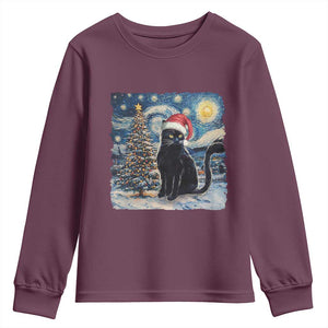 Christmas Black Cat Youth Sweatshirt Meowy Catmas Starry Night Santa Cat TS09 Maroon Print Your Wear