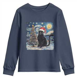 Christmas Black Cat Youth Sweatshirt Meowy Catmas Starry Night Santa Cat TS09 Navy Print Your Wear