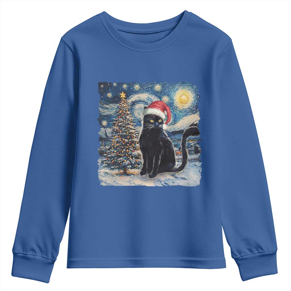 Christmas Black Cat Youth Sweatshirt Meowy Catmas Starry Night Santa Cat TS09 Royal Blue Print Your Wear