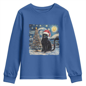 Christmas Black Cat Youth Sweatshirt Meowy Catmas Starry Night Santa Cat TS09 Royal Blue Print Your Wear