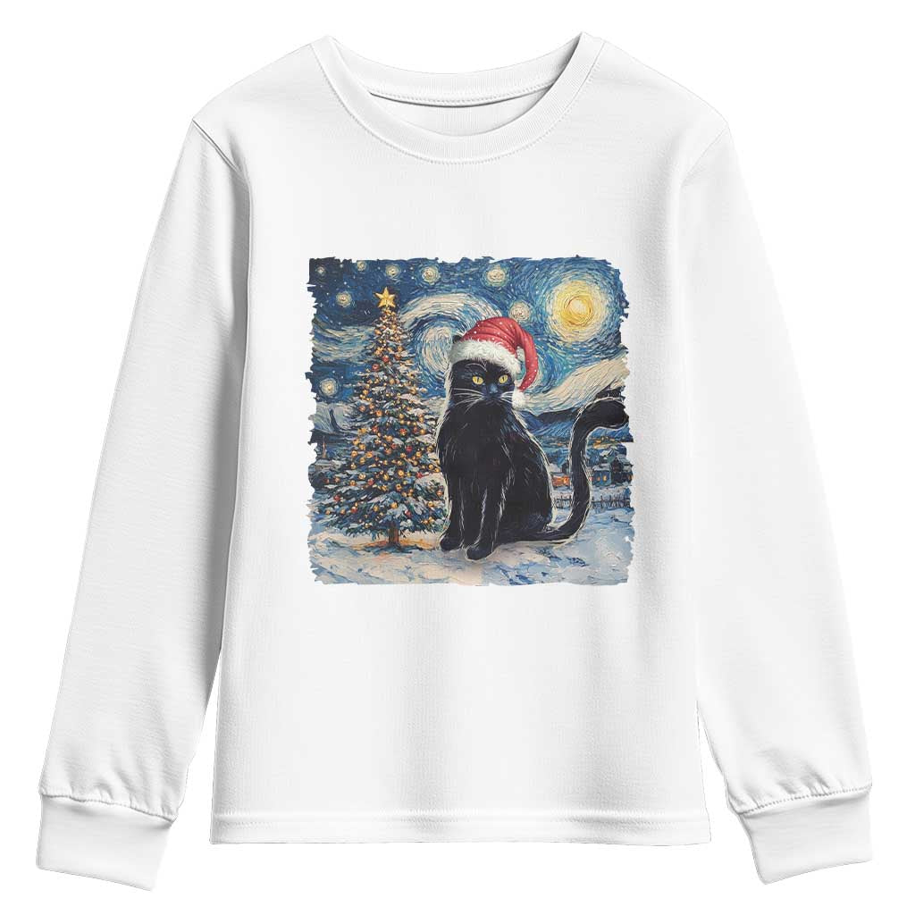 Christmas Black Cat Youth Sweatshirt Meowy Catmas Starry Night Santa Cat TS09 White Print Your Wear