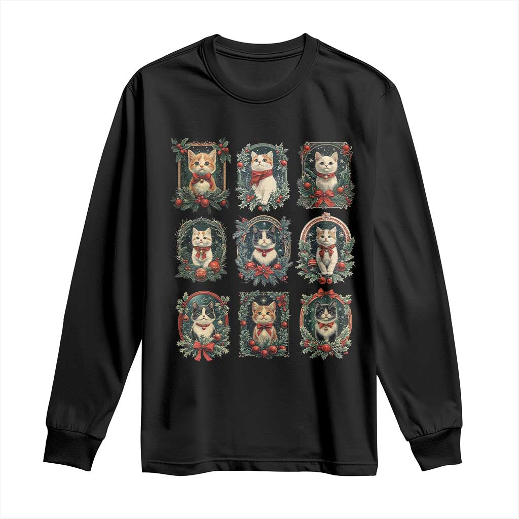Christmas Cat Long Sleeve Shirt Vintage Kitten Victorian Holly Wreath TS09 Black Print Your Wear