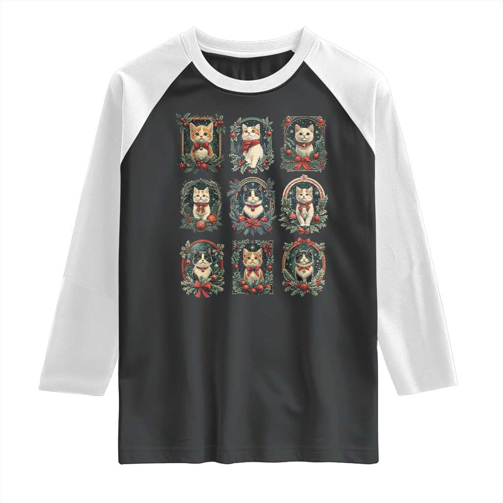 Christmas Cat Raglan Shirt Vintage Kitten Victorian Holly Wreath TS09 Black White Print Your Wear