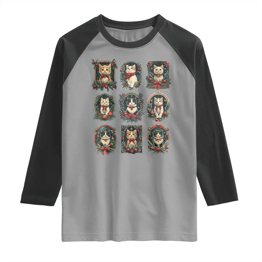Christmas Cat Raglan Shirt Vintage Kitten Victorian Holly Wreath TS09 Sport Gray Black Print Your Wear