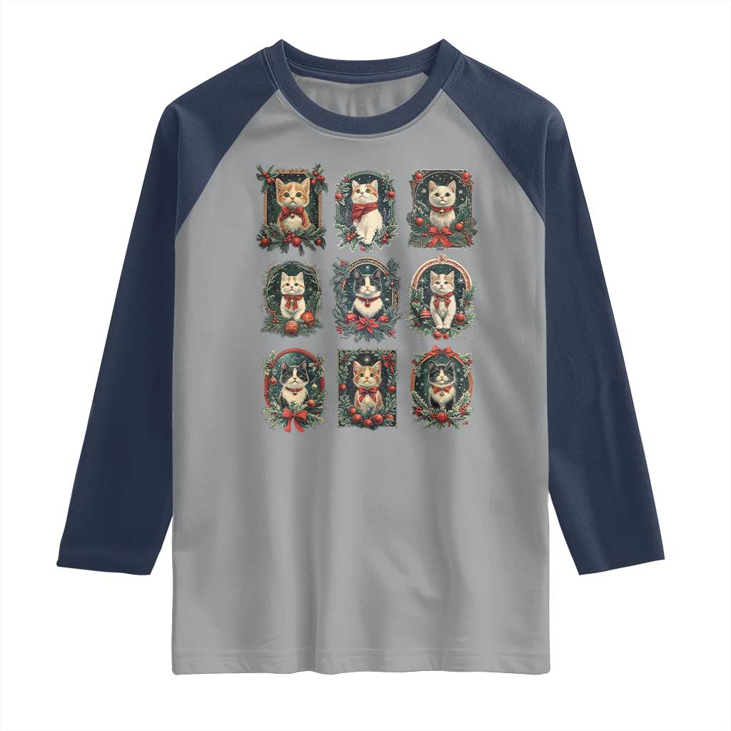 Christmas Cat Raglan Shirt Vintage Kitten Victorian Holly Wreath TS09 Sport Gray Navy Print Your Wear