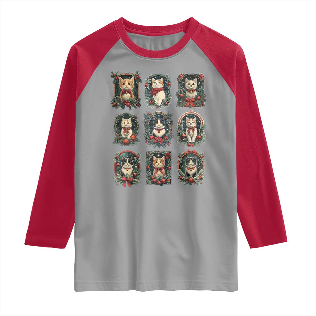 Christmas Cat Raglan Shirt Vintage Kitten Victorian Holly Wreath TS09 Sport Gray Red Print Your Wear