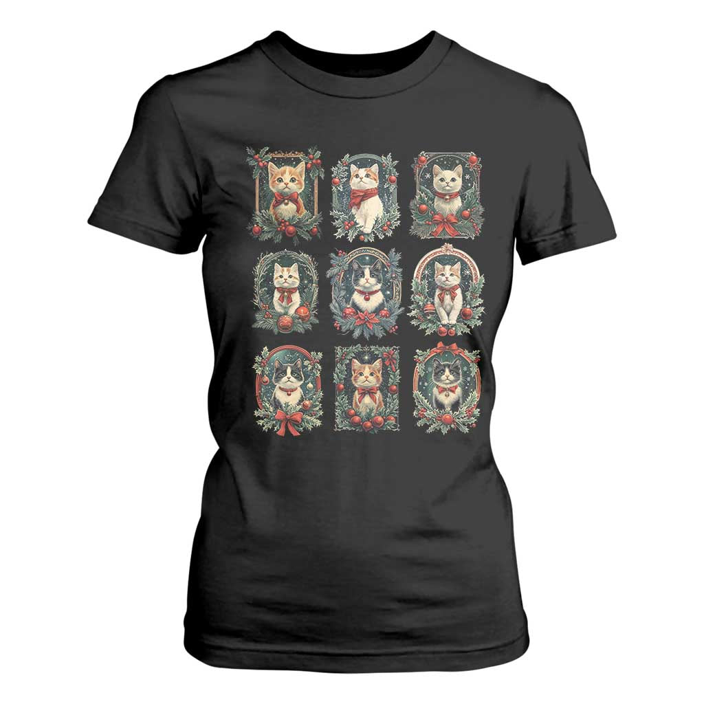 Christmas Cat T Shirt For Women Vintage Kitten Victorian Holly Wreath TS09 Black Print Your Wear