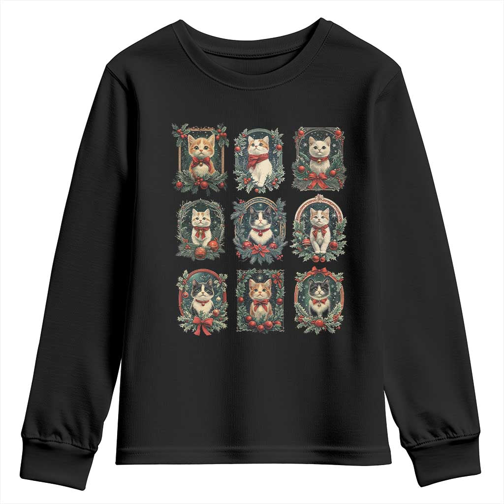 Christmas Cat Youth Sweatshirt Vintage Kitten Victorian Holly Wreath TS09 Black Print Your Wear
