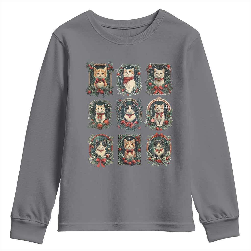 Christmas Cat Youth Sweatshirt Vintage Kitten Victorian Holly Wreath TS09 Charcoal Print Your Wear