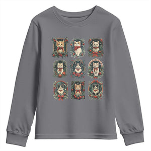 Christmas Cat Youth Sweatshirt Vintage Kitten Victorian Holly Wreath TS09 Charcoal Print Your Wear