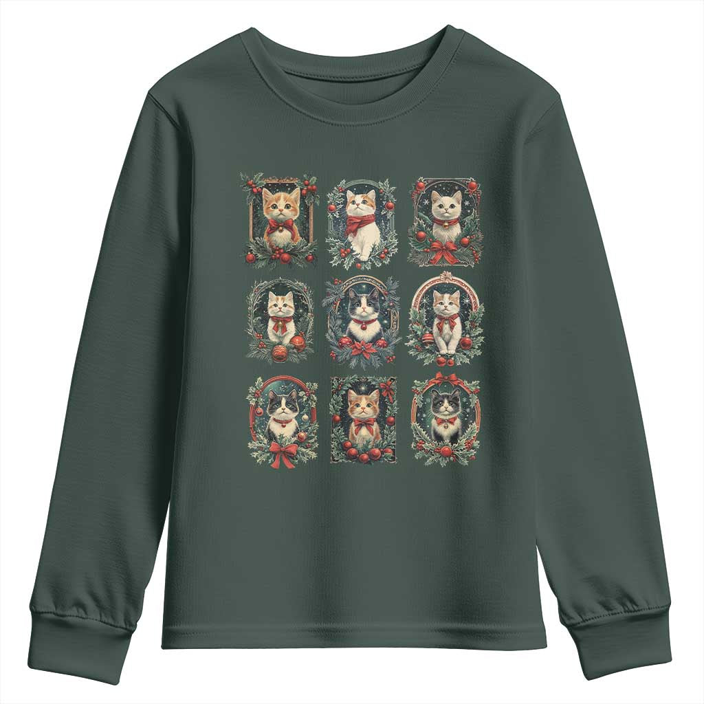 Christmas Cat Youth Sweatshirt Vintage Kitten Victorian Holly Wreath TS09 Dark Forest Green Print Your Wear