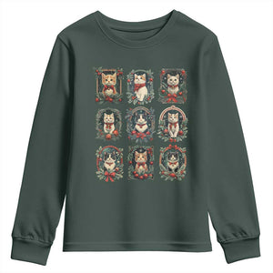 Christmas Cat Youth Sweatshirt Vintage Kitten Victorian Holly Wreath TS09 Dark Forest Green Print Your Wear