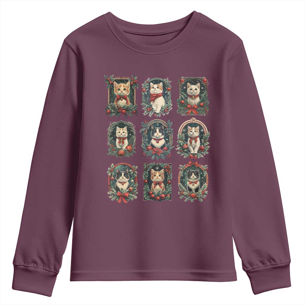 Christmas Cat Youth Sweatshirt Vintage Kitten Victorian Holly Wreath TS09 Maroon Print Your Wear