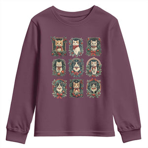 Christmas Cat Youth Sweatshirt Vintage Kitten Victorian Holly Wreath TS09 Maroon Print Your Wear