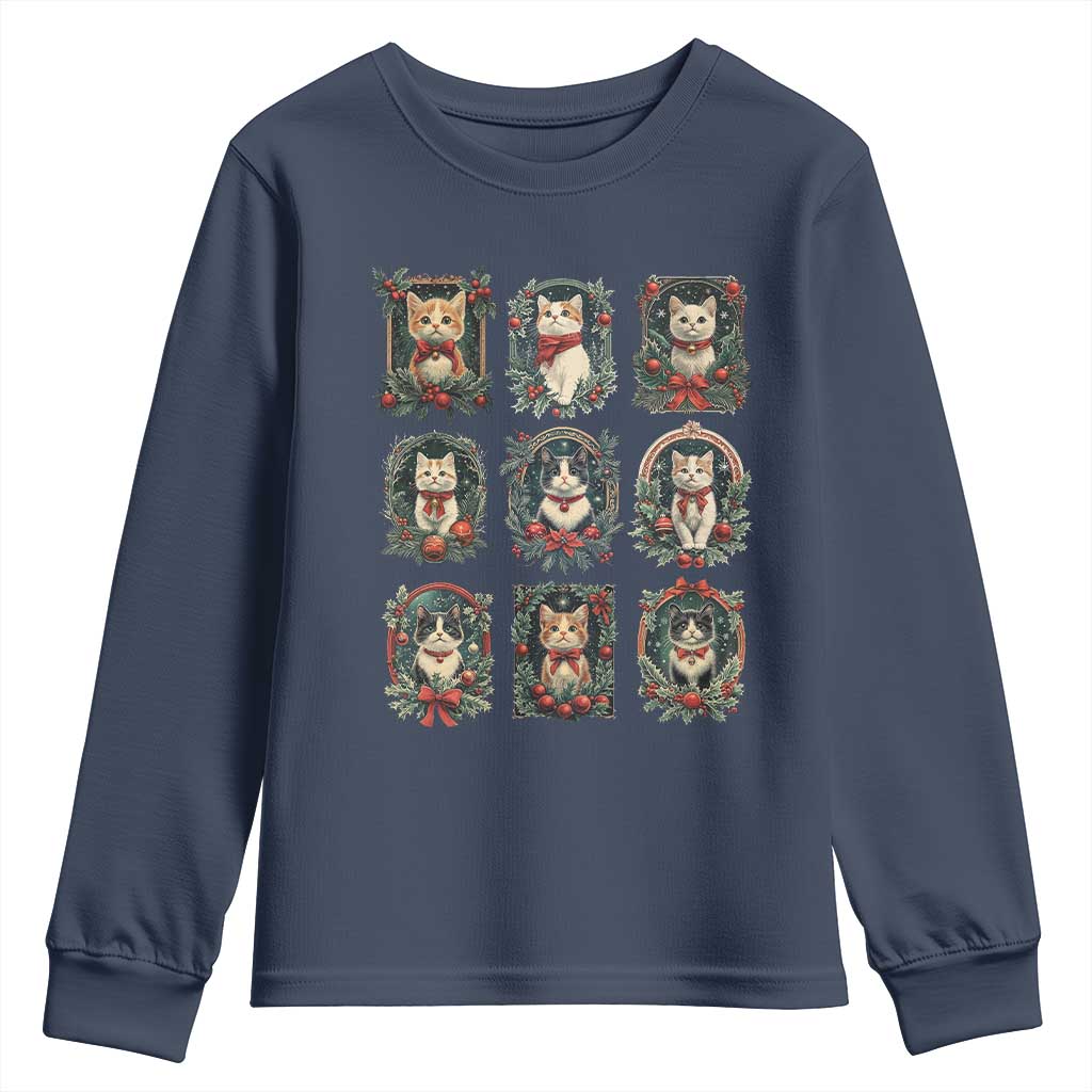 Christmas Cat Youth Sweatshirt Vintage Kitten Victorian Holly Wreath TS09 Navy Print Your Wear