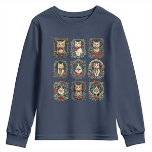Christmas Cat Youth Sweatshirt Vintage Kitten Victorian Holly Wreath TS09 Navy Print Your Wear