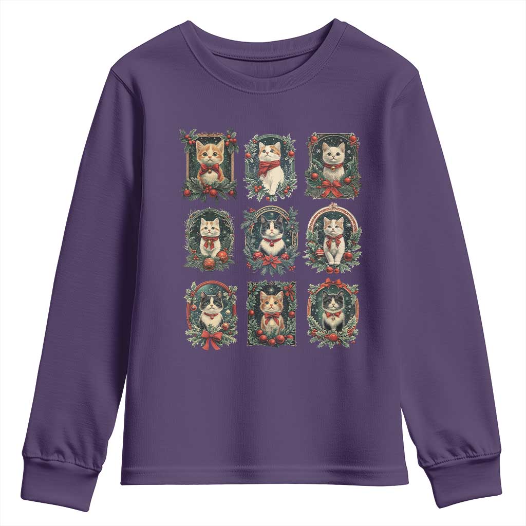 Christmas Cat Youth Sweatshirt Vintage Kitten Victorian Holly Wreath TS09 Purple Print Your Wear