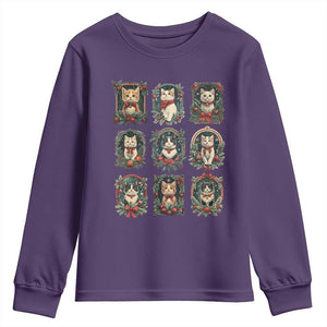 Christmas Cat Youth Sweatshirt Vintage Kitten Victorian Holly Wreath TS09 Purple Print Your Wear