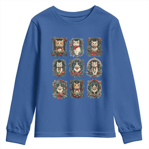 Christmas Cat Youth Sweatshirt Vintage Kitten Victorian Holly Wreath TS09 Royal Blue Print Your Wear