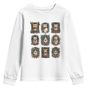 Christmas Cat Youth Sweatshirt Vintage Kitten Victorian Holly Wreath TS09 White Print Your Wear