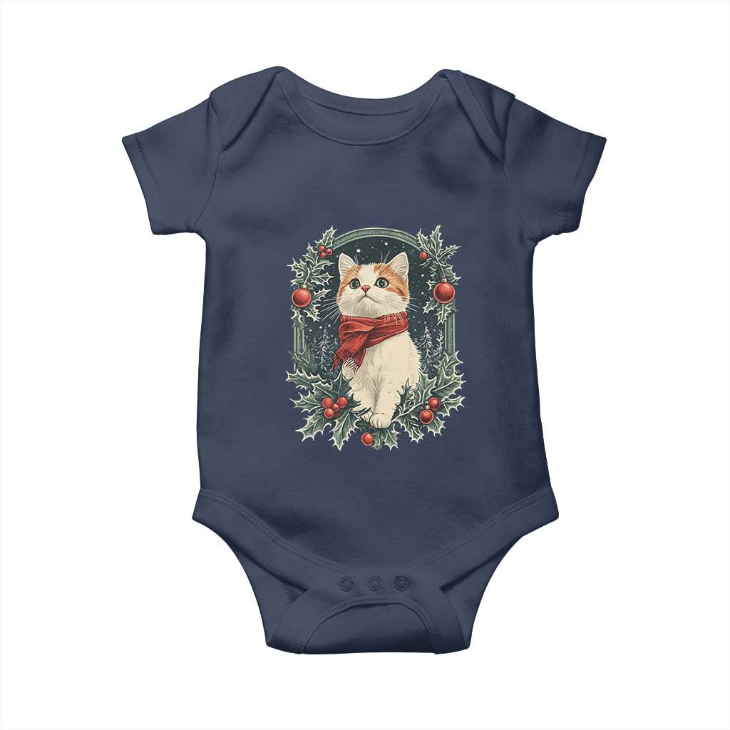Christmas Cat Baby Onesie Vintage Kitten Victorian Royal Holly TS09 Navy Print Your Wear