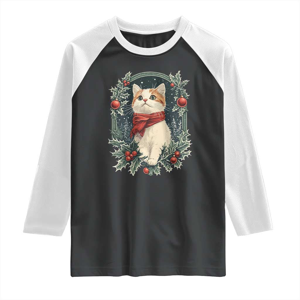 Christmas Cat Raglan Shirt Vintage Kitten Victorian Royal Holly TS09 Black White Print Your Wear