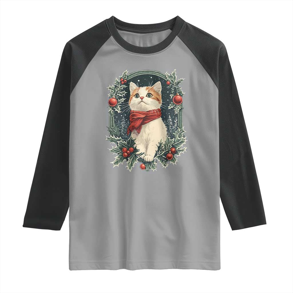 Christmas Cat Raglan Shirt Vintage Kitten Victorian Royal Holly TS09 Sport Gray Black Print Your Wear