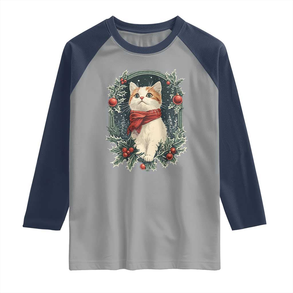 Christmas Cat Raglan Shirt Vintage Kitten Victorian Royal Holly TS09 Sport Gray Navy Print Your Wear