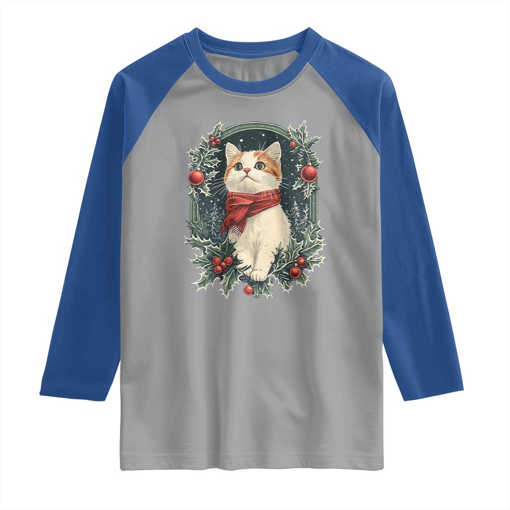 Christmas Cat Raglan Shirt Vintage Kitten Victorian Royal Holly TS09 Sport Gray Royal Print Your Wear