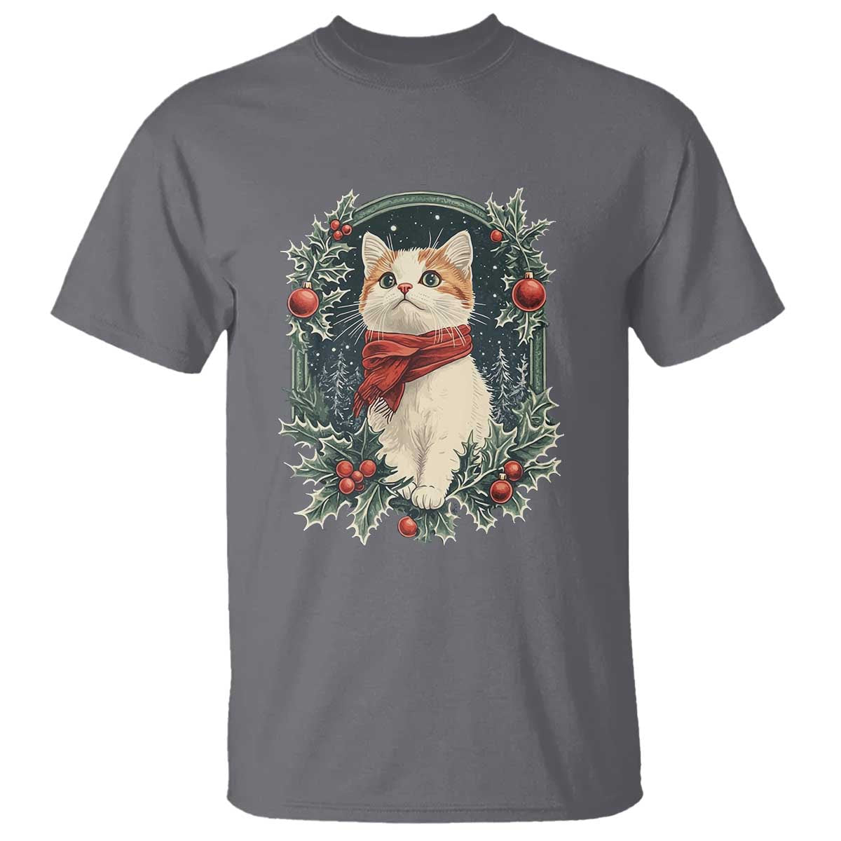 Christmas Cat T Shirt Vintage Kitten Victorian Royal Holly TS09 Charcoal Print Your Wear