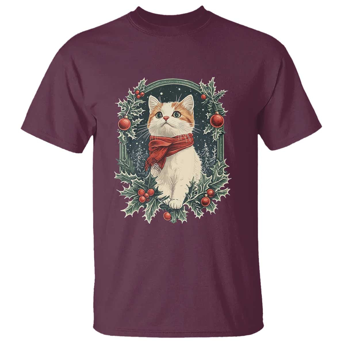 Christmas Cat T Shirt Vintage Kitten Victorian Royal Holly TS09 Maroon Print Your Wear