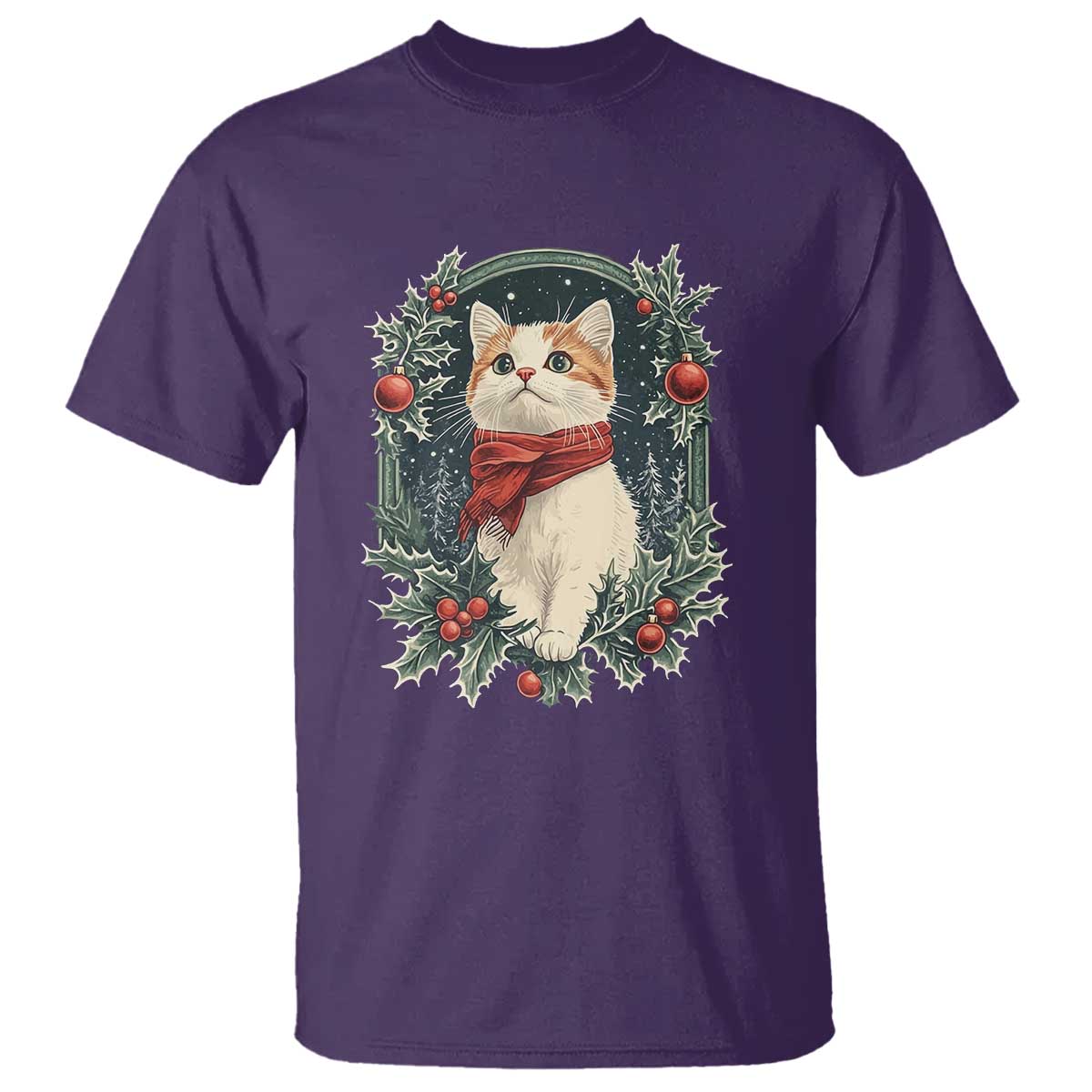 Christmas Cat T Shirt Vintage Kitten Victorian Royal Holly TS09 Purple Print Your Wear