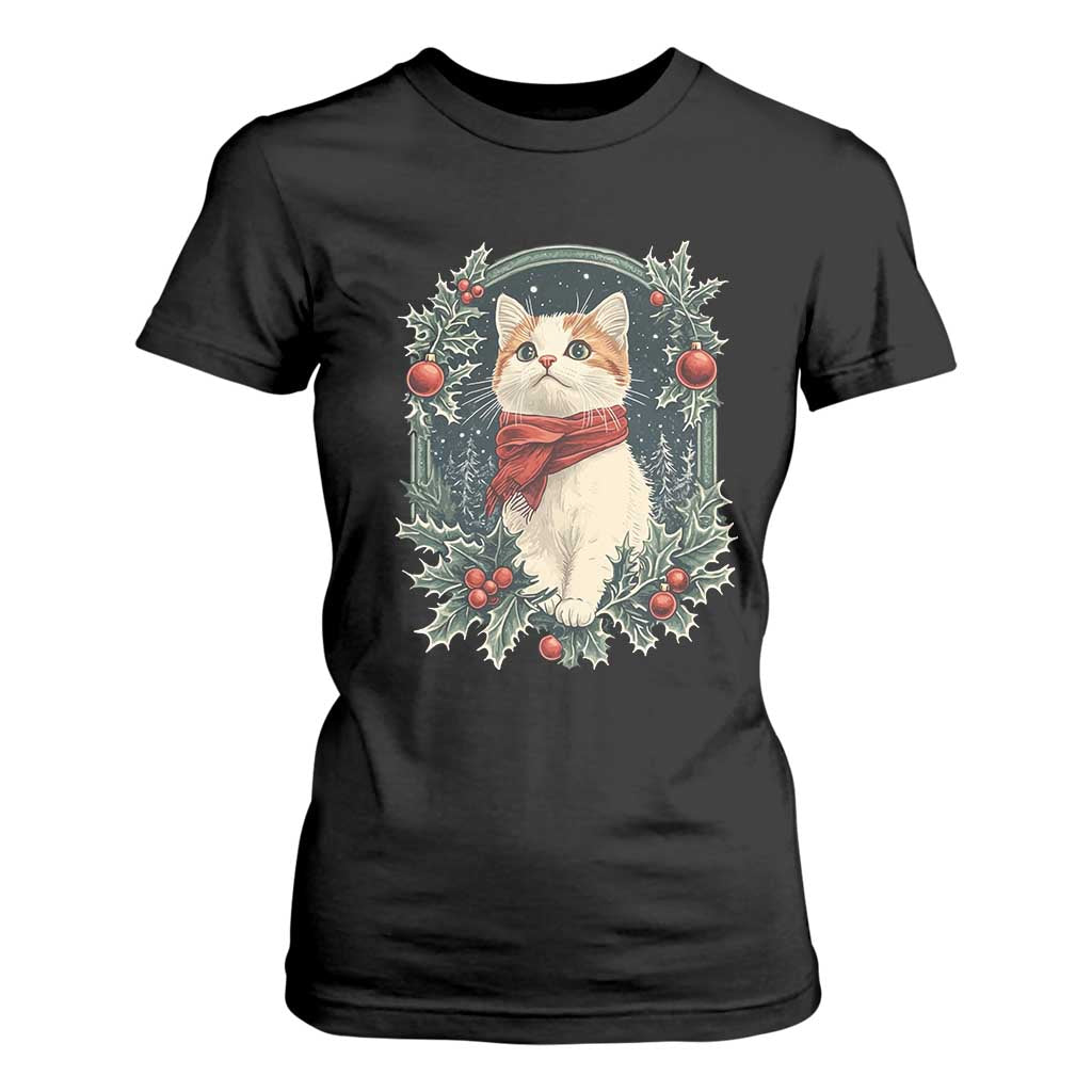 Christmas Cat T Shirt For Women Vintage Kitten Victorian Royal Holly TS09 Black Print Your Wear