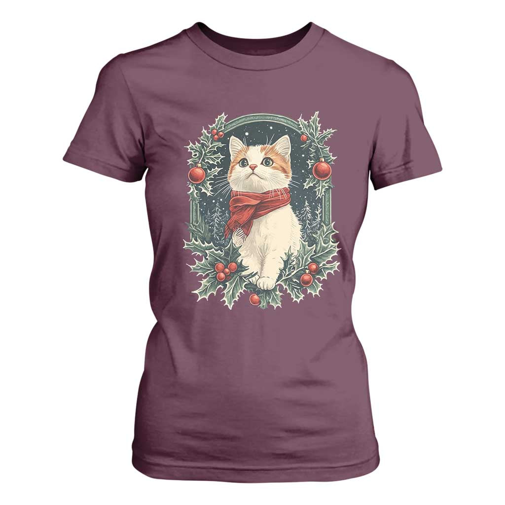 Christmas Cat T Shirt For Women Vintage Kitten Victorian Royal Holly TS09 Maroon Print Your Wear