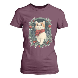 Christmas Cat T Shirt For Women Vintage Kitten Victorian Royal Holly TS09 Maroon Print Your Wear