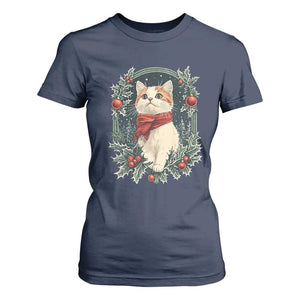 Christmas Cat T Shirt For Women Vintage Kitten Victorian Royal Holly TS09 Navy Print Your Wear