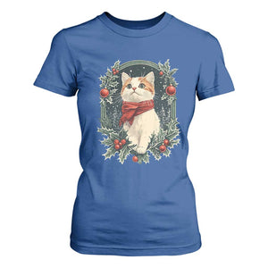 Christmas Cat T Shirt For Women Vintage Kitten Victorian Royal Holly TS09 Royal Blue Print Your Wear