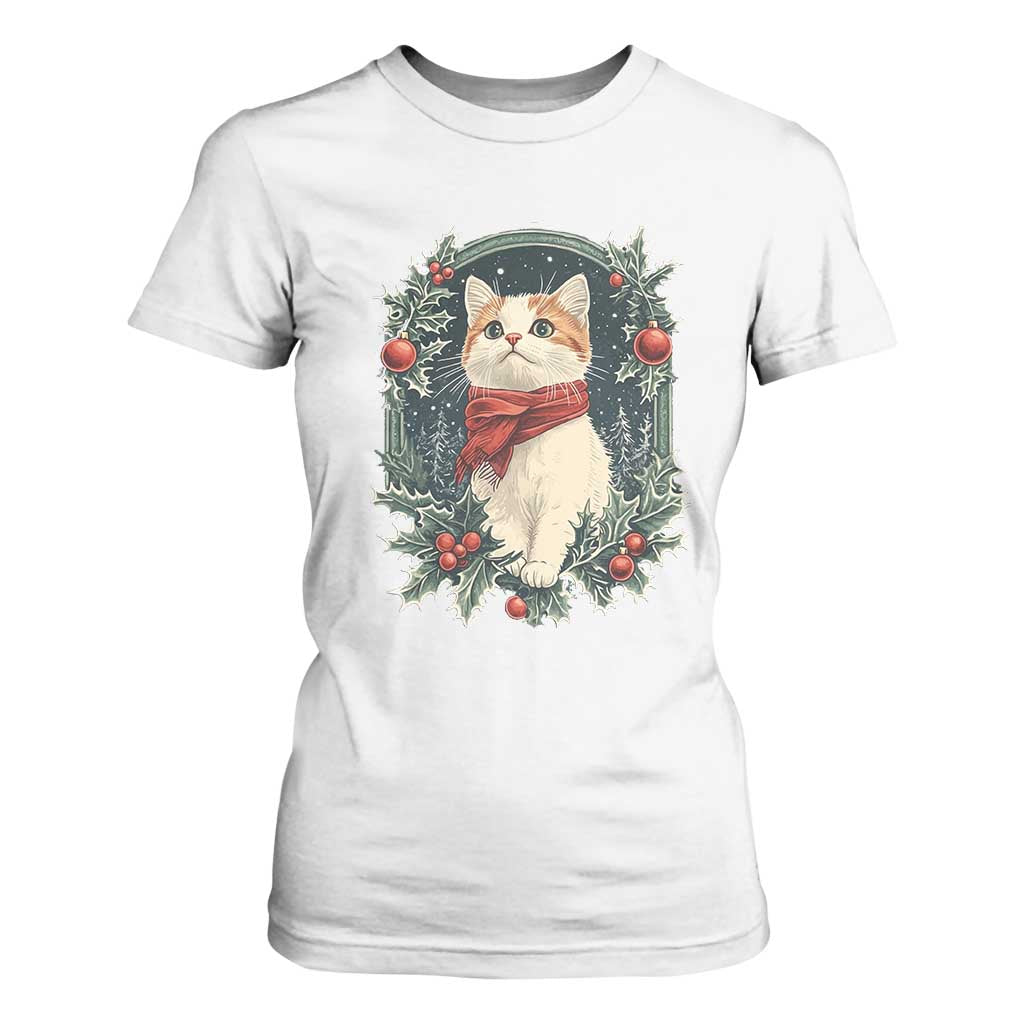 Christmas Cat T Shirt For Women Vintage Kitten Victorian Royal Holly TS09 White Print Your Wear